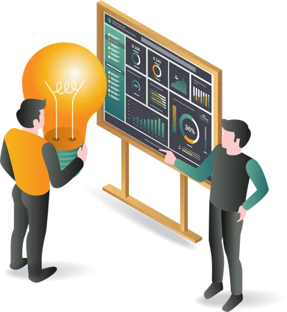 Zwei Personen stehen vor einer Tafel mit Glühbirne und diskutieren über Datenanalyse  Illustration