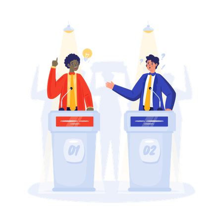 Zwei politische Kandidaten debattieren am Wahltag auf der Bühne  Illustration