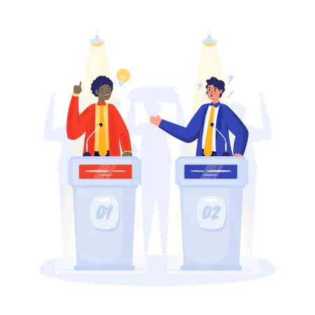 Zwei politische Kandidaten debattieren am Wahltag auf der Bühne  Illustration