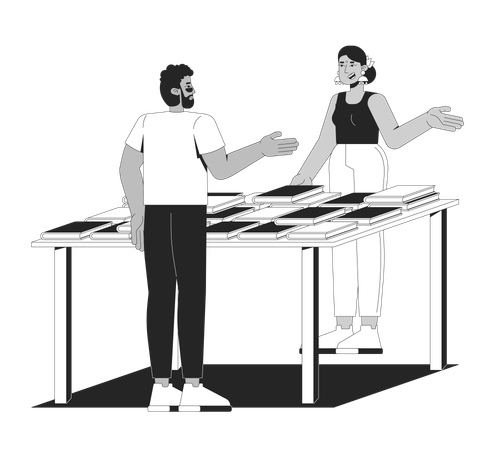 Zwei unterschiedliche Menschen unterhalten sich am Tisch einer Buchmesse  Illustration