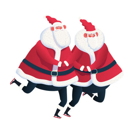 Zwei Weihnachtsmänner laufen zusammen Schlittschuh  Illustration