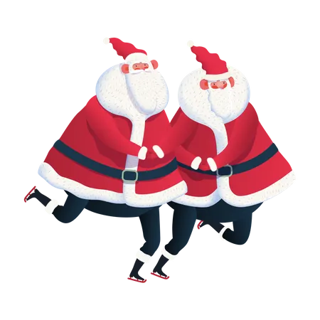 Zwei Weihnachtsmänner laufen zusammen Schlittschuh  Illustration