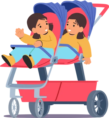Zwillingstochter sitzt im Kinderwagen  Illustration